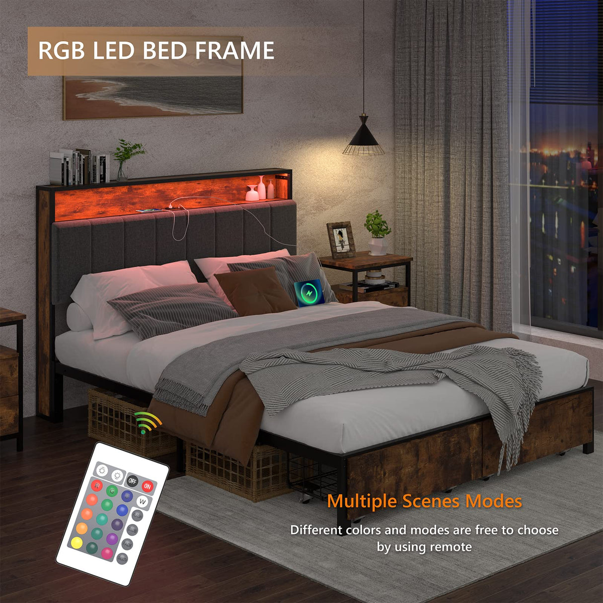 Meitewei Queen Bed Frame with Hidden Storage Headboard and 2 Drawers, LED Bed Frame with Charging Station, Metal Platform Bed Frame, No Box Spring Needed, Vintage Brown Meitewei