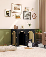 Hzuaneri 44.1'' Dog Crate Furniture, Dog Kennel Indoor Arched Door Design, 3 Door Wooden Dog Crate Furniture for Small/Medium/Large Dog, Side Table, TV Stand, Anti-Chew, Anti-Escape, Black Gold Hzuaneri