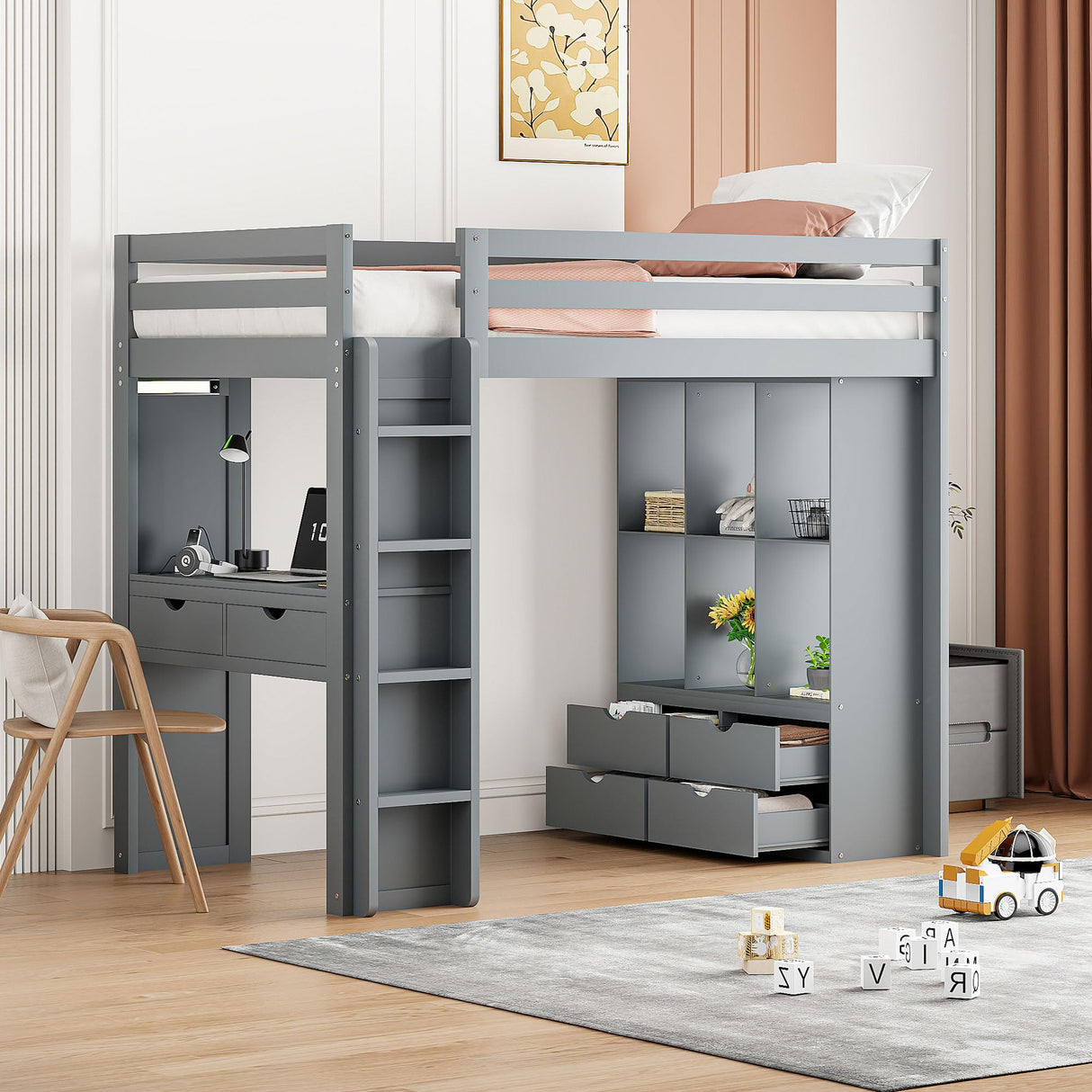 Harper & Bright Designs Twin Size Loft Bed with Desk & Storage Shelves, Wood Loft Bed Twin Size with LED Lights, Hight Loft Bed Frame for Kids,Boys,Girls,Teens, Gray Harper & Bright Designs