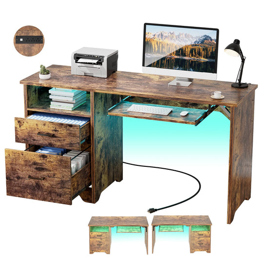 Hyomdeck Office Desk with File Cabinet, 55 Inch Reversible Computer Desk with Smart LED Light and Power Outlet, Sturdy Gaming Desk with Keyboard Tray & Storage Drawers, Easy to Assemble, Rust - WoodArtSupply