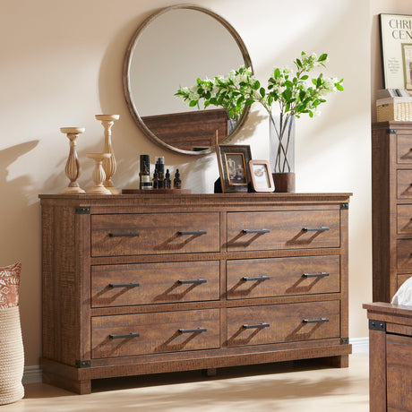 RedLemon Farmhouse 6 Drawers Dresser for Bedroom, Wood Large Chest of Drawers with Thick Plank Styling, Rustic Closet Dresser for Bedroom, Living Room, Reclaimed Barnwood Color RedLemon