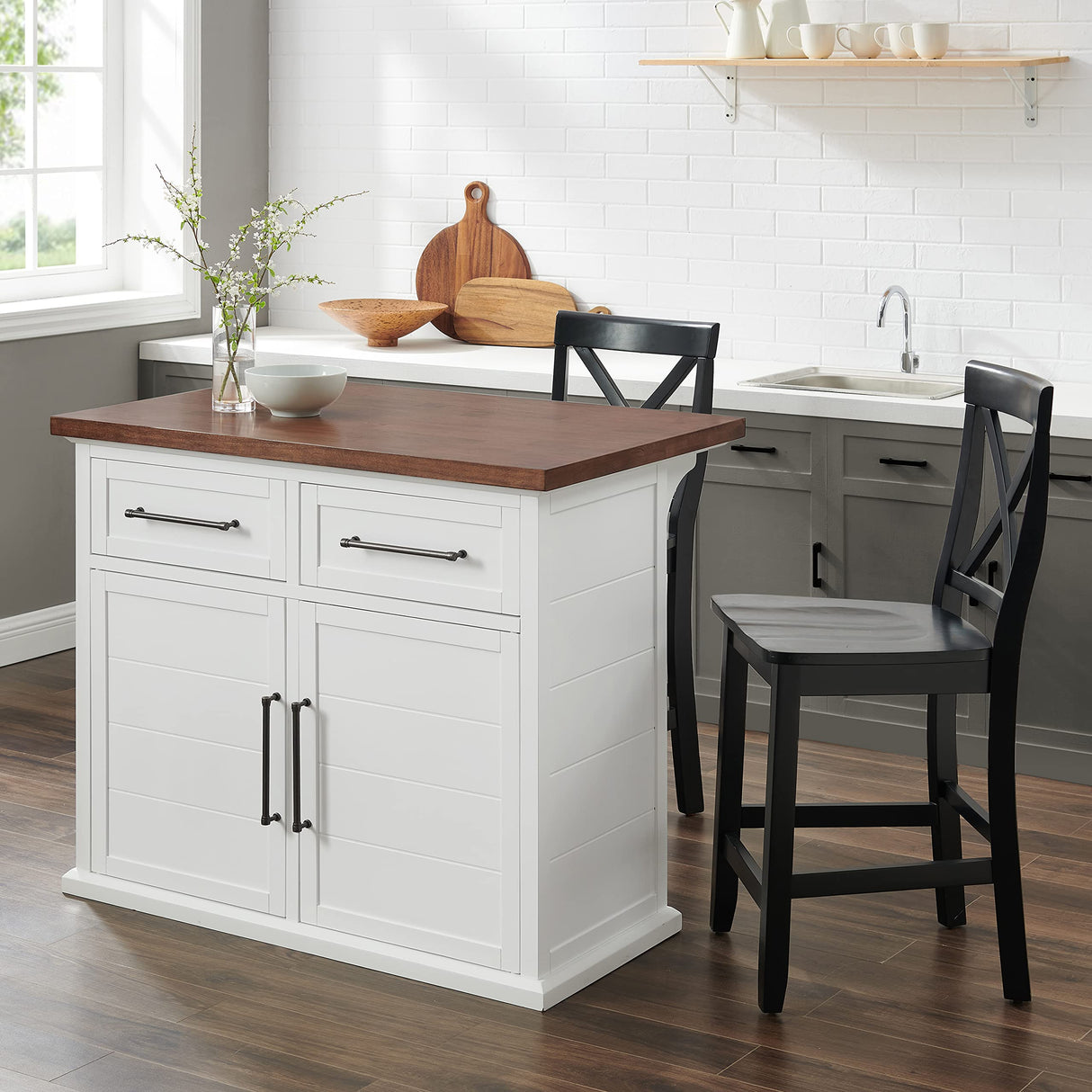 Crosley Furniture Bartlett Kitchen Island with Wood Top and X-Back Stools, White/Black Crosley Furniture