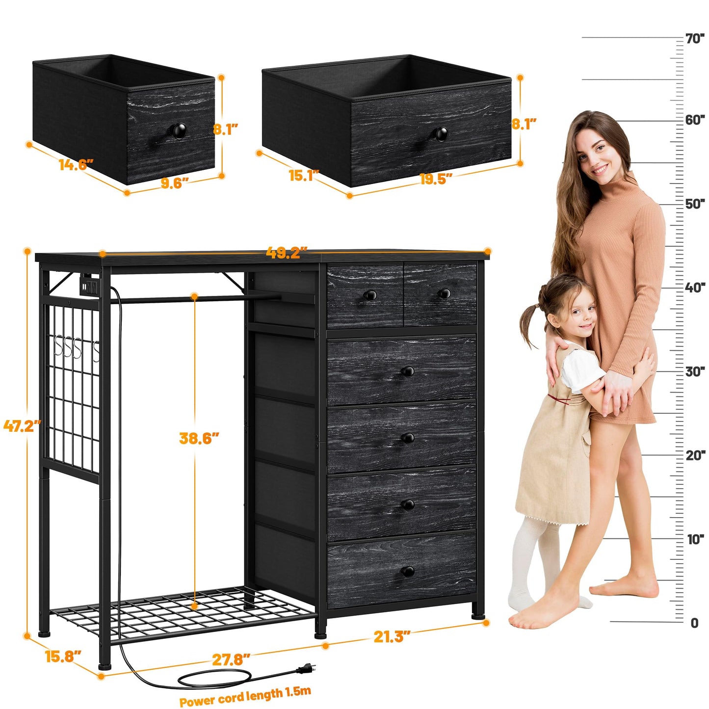 EnHomee 49.2" W Dresser for Bedroom with Hanging Rack 6 Drawers Dresser with LED Lights Fabric Dressers & Chest of Drawer with Clothes Rack,Wooden Top,Grid Panel,Closet,Black 49.2" Wx47.2 Hx15.8 D