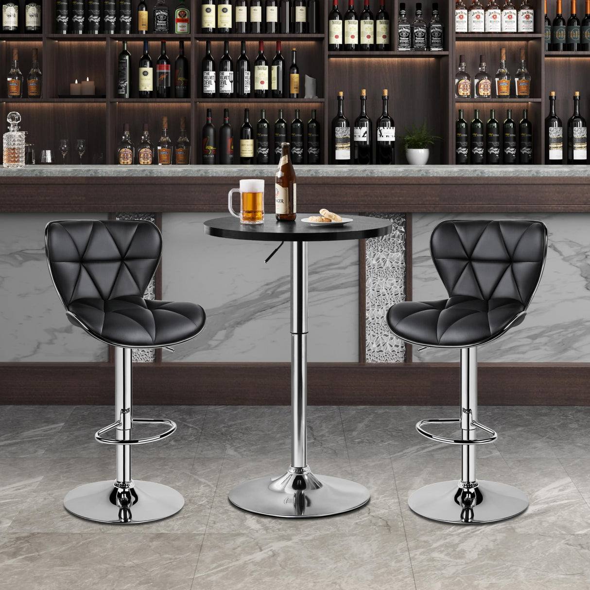 Yaheetech Round Bar Table, Adjustable Height and 360° Swivel Pub Tables, Cocktail Table with MDF Top, Silver Leg Base for Bar, Bistro, Café, Black Yaheetech