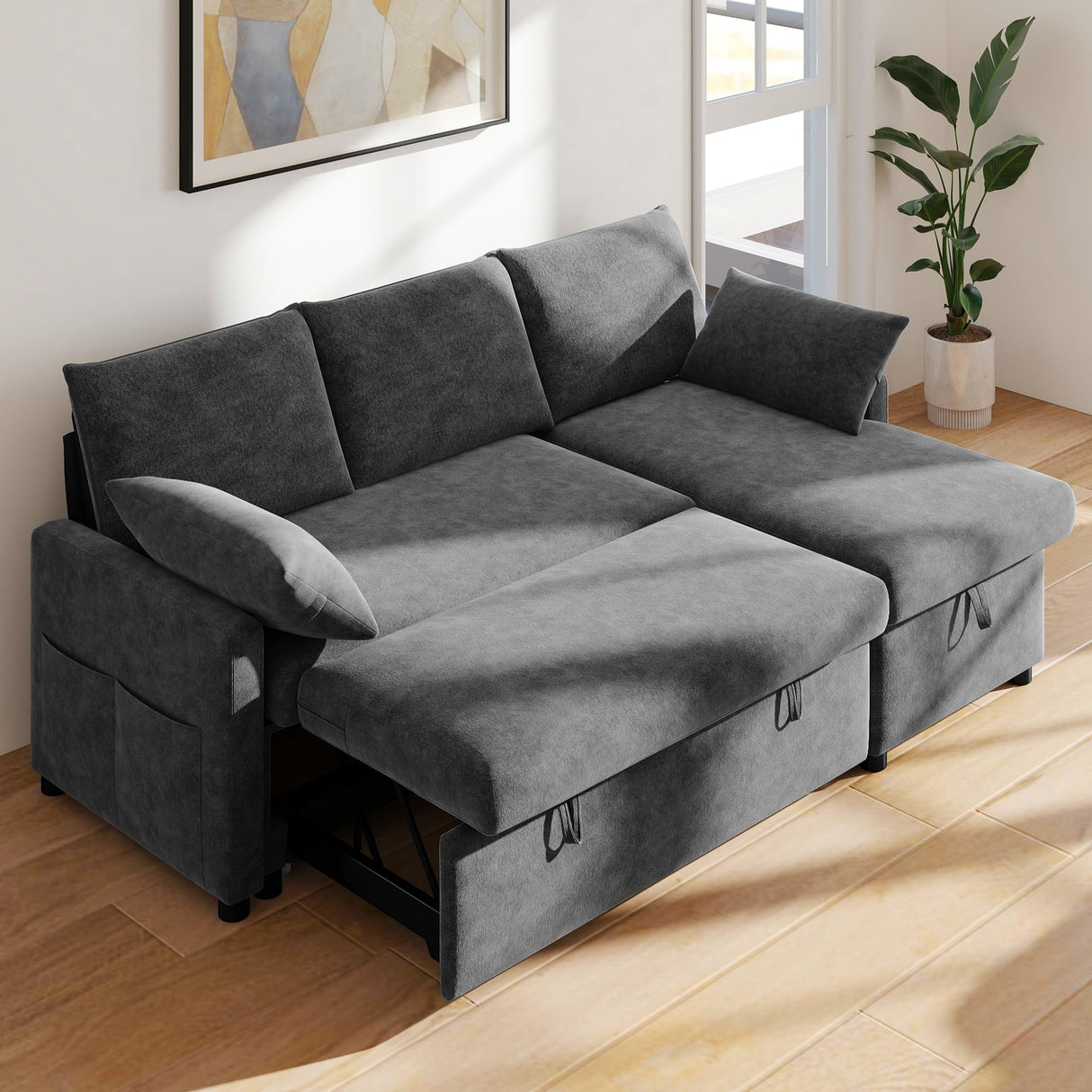 Real Relax 80'' Sofa Bed, L Shaped Chenille Sleeper Sofa Couch with Pull Out Bed and Chaise Storage for Living Room, Apartment and Office, Dark Gray Real Relax