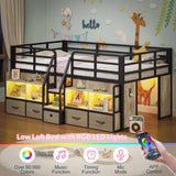 BYSAUD Twin Loft Bed, Low Loft Bed Twin with 5 Drawers, 6 Storage Bookcase & Under-Bed Play Space, Loft Beds for Kids with LED Lights & Charging Station, 15.8" H Safety Guardrails, Oak Gray BYSAUD