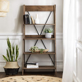 Stylish Brown Wood Bookcase with X Back Design - 4 Shelf Modern Farmhouse Storage Unit Walker Edison