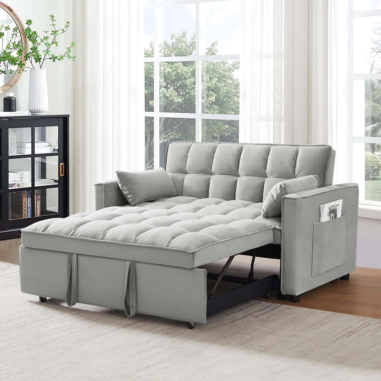 Pull Out Couch 3 in 1 Sleeper Loveseat Convertible, 55'' 2-Seater Sofa Bed with Throw Pillows, Perfect for Living Room and Office, Grey SumKea
