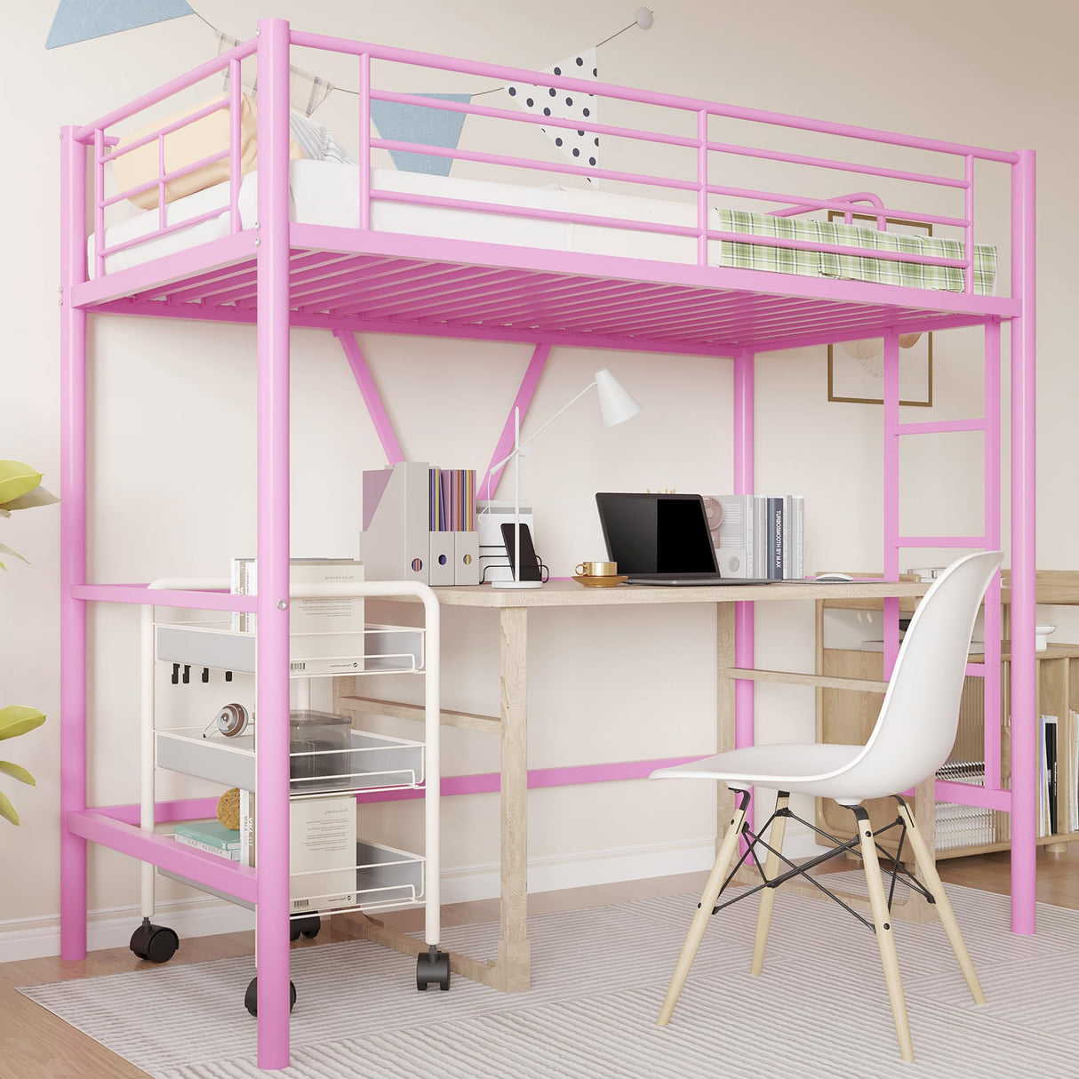 VECELO Twin Size Loft Bed with Full-Length Guardrails and Removable Ladder, Heavy-Duty Metal Frame, Space-Saving Design & Noise-Free, Pink VECELO