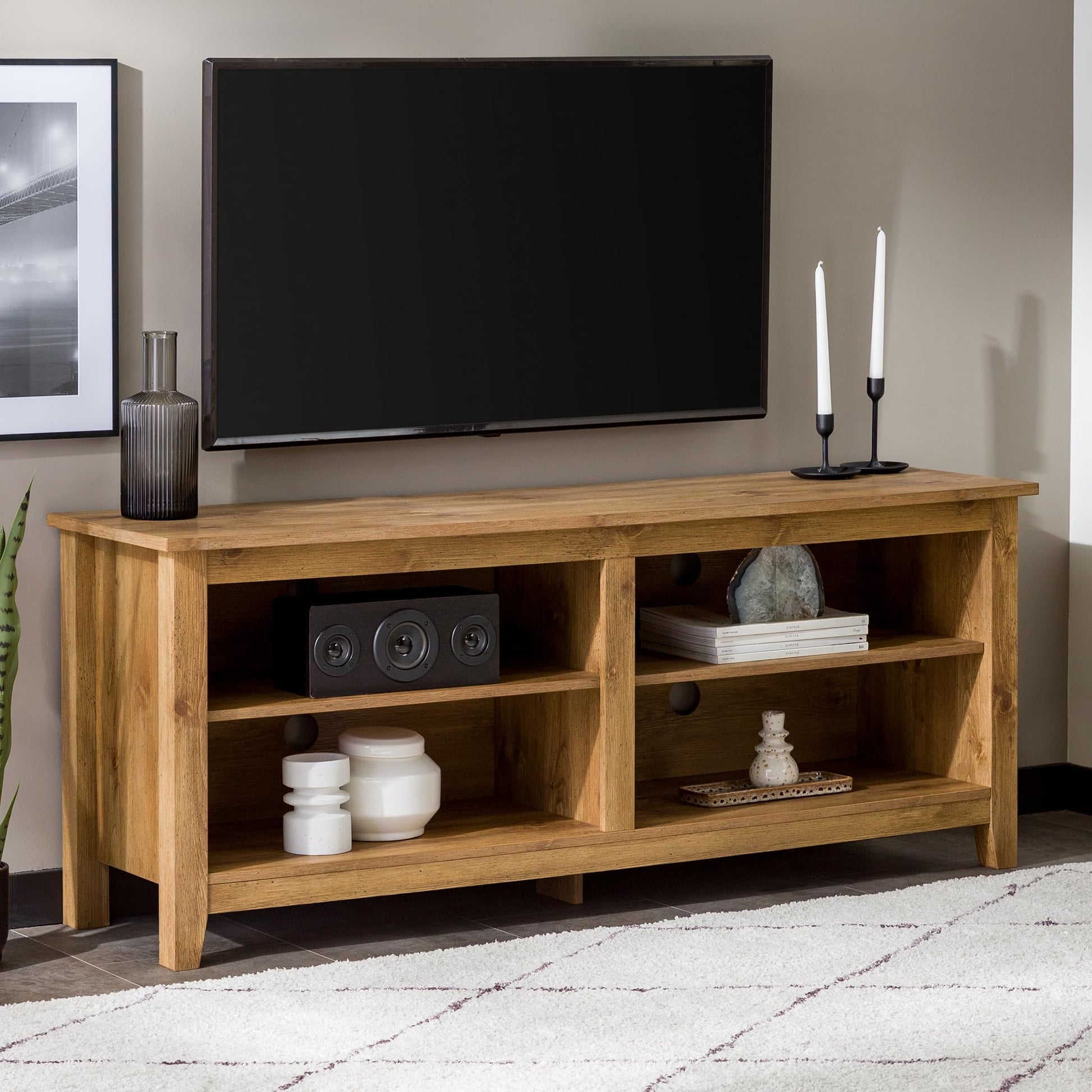 Walker Edison Wren Classic 4 Cubby TV Stand for TVs up to 65 Inches, 58 Inch, Barnwood - WoodArtSupply