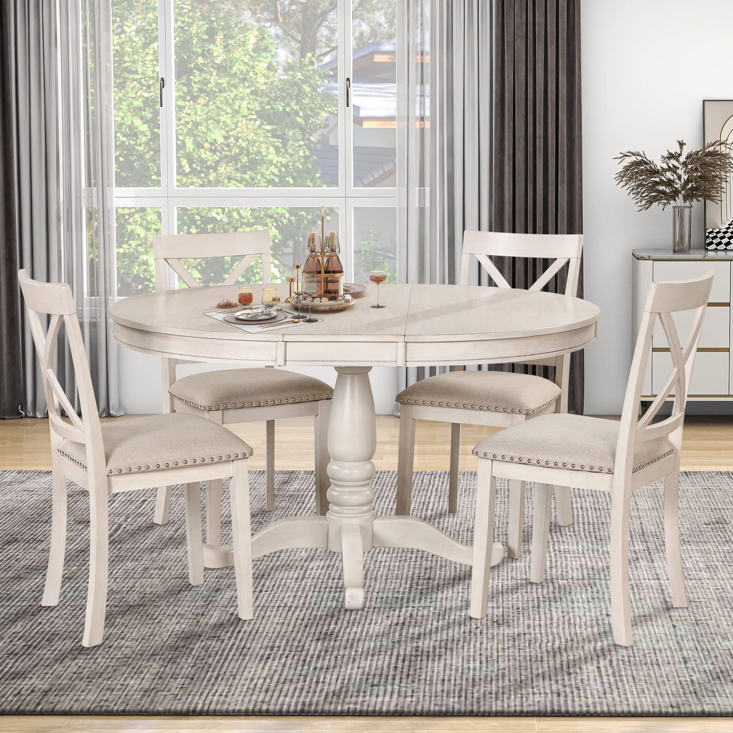 Voohek 5-Piece Kitchen Dining Set for 4, with Extendable Round Wood Table and Chair, Classic Family Furniture for Dinette, Compact Space, Antique White - WoodArtSupply