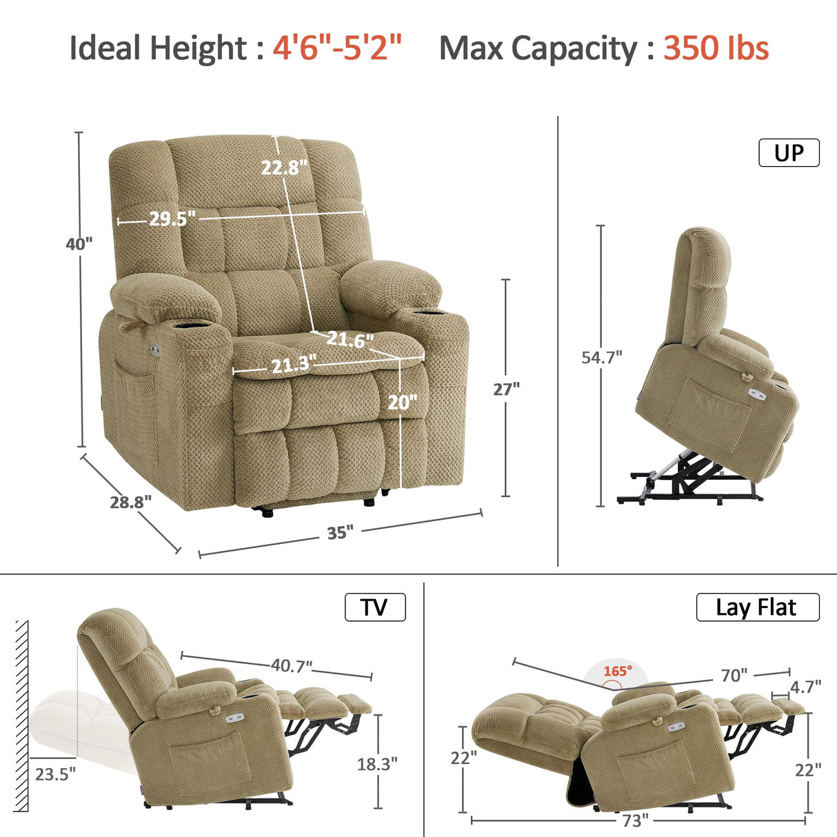 MCombo Dual Motor Power Lift Recliner Chair for Elderly, Lay Flat Lift Chair with Heat and Massage, Petite Lift Chair, Cup Holders, USB A&C Ports, Fabric 7893 (Small, Beige) MCombo