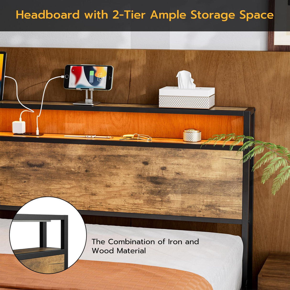 KZNGK King Size LED Headboard with Charging Station and Industrial Storage Design KZNGK