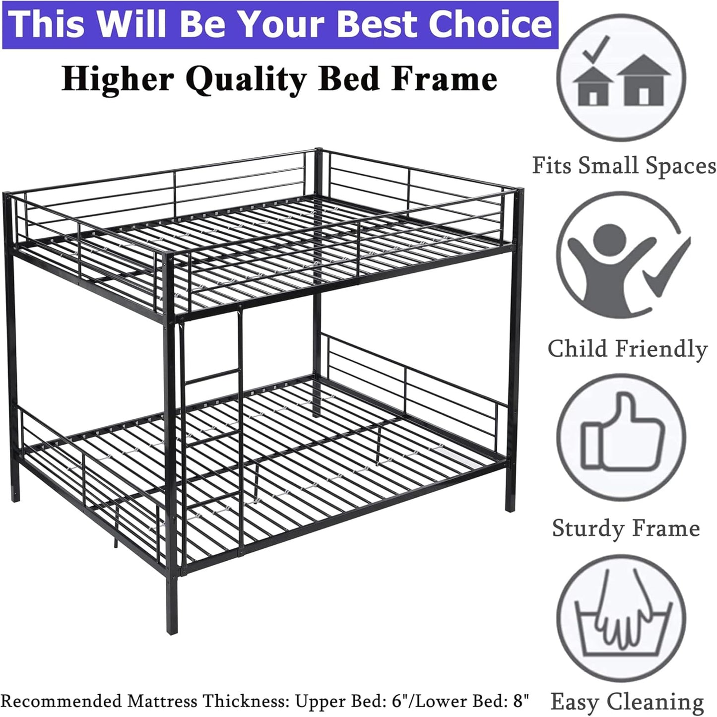 Tenouvos Higher Quality & Stronger Metal Queen Size Bunk Bed for Kids Adult, Heavy Duty Queen Over Queen Bunk Beds Frame with Built-in Ladde & Guard Rails for Kids Adult Teens, Quick Assembly, Black