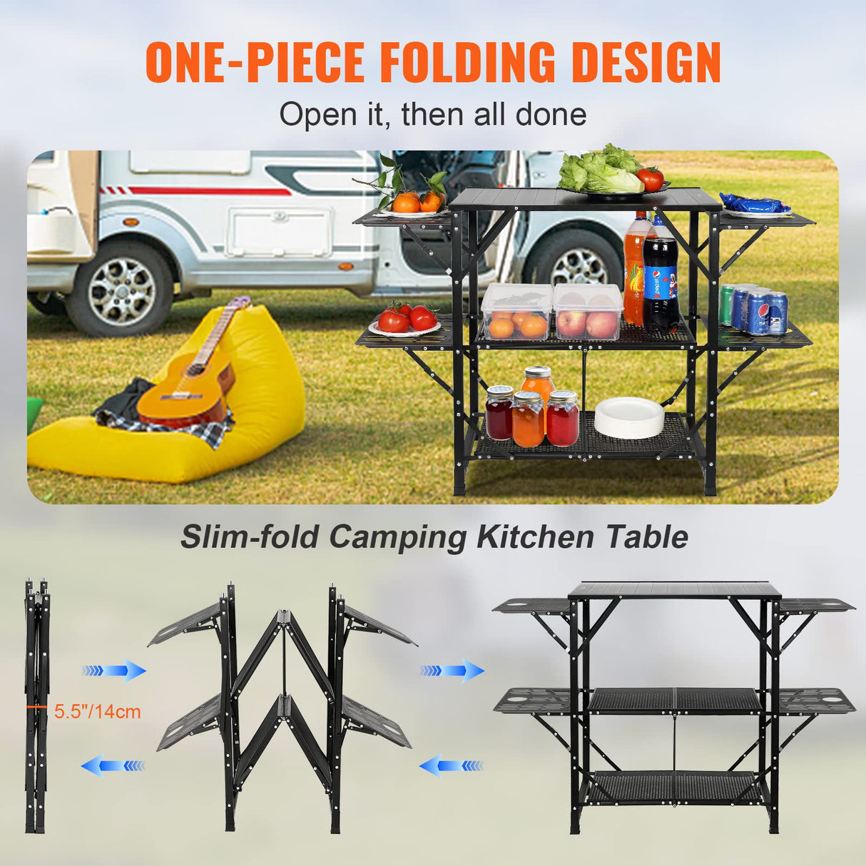 VEVOR Camping Kitchen Table, Aluminum Folding Portable Outdoor Cook Station with 4 Iron Side, 2 Shelves & Carrying Bag, Quick Installation for Picnic BBQ Beach Traveling VEVOR
