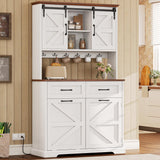 IRONCK 72" Kitchen Pantry Storage Cabinet, Farmhouse Kitchen Hutch with Microwave Stand & Charging Station, Freestanding Tilt Out Trash Can Cabinet for Dining Room, White IRONCK