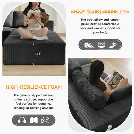 83'' Boneless Loveseat Sofa, Comfy Deep Seat Cloud Couch with 2 Moveable Ottoman, No Assembly Corduroy Love Seat for Living Room, Grey WUTUTUEE