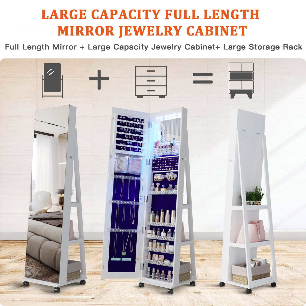 Lvifur 360° Rotating 64'' Jewelry Armoire with 6 LEDS, Full Length Mirror Large Capacity Jewelry Organizer Armoire, Lockable Floor Standing Mirror with 4 rollers for Bedroom, Cloakroom Lvifur