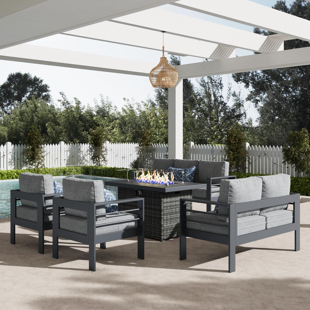 LayinSun Aluminum Furniture Set with Fire Pit Table, 5 Pieces Patio Sectional Conversation Chat Sofa Modern Seating Set LayinSun