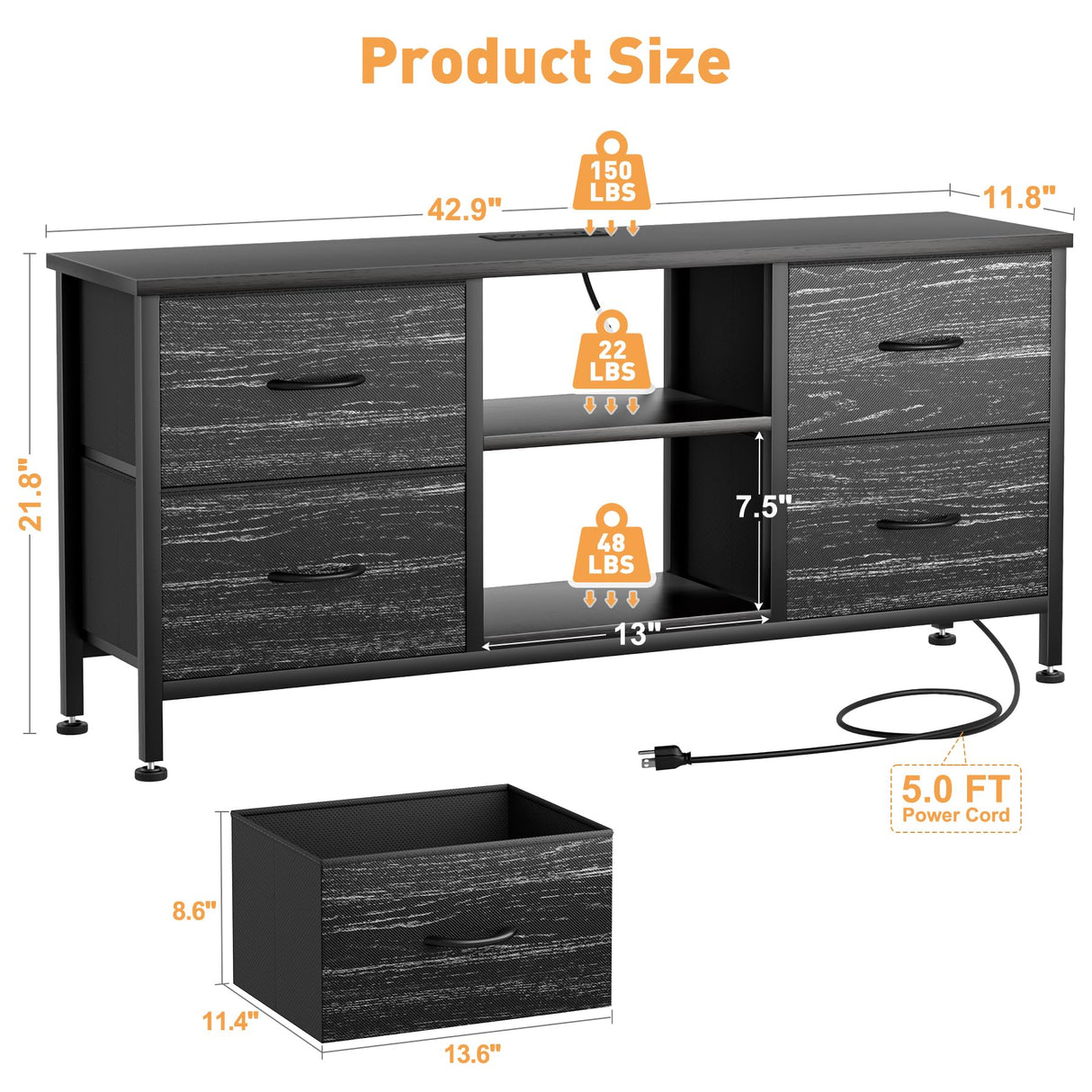 YaFiti TV Stand for Bedroom, Dresser TV Stand with 4 Fabric Drawers & Open Shelves for 50" TV, Entertainment Center with Power Outlet, Dresser for Bedroom, Living Room, Entryway, Black Wood Veins YaFiti