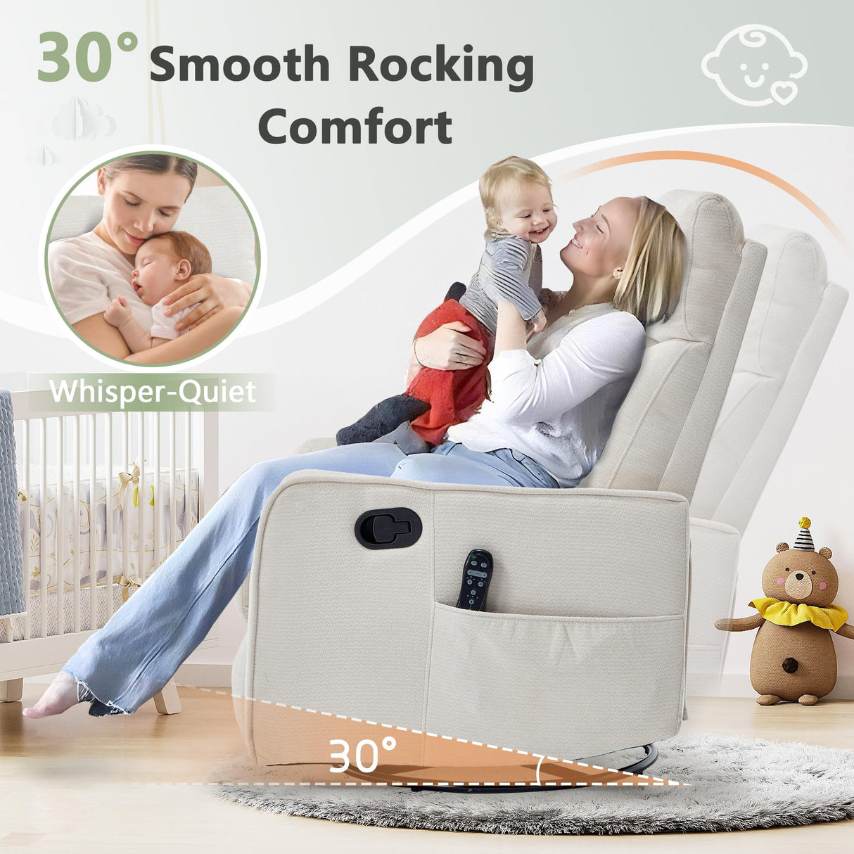 cinkehome Swivel Rocker Recliner, Glider Rocking Recliner Chair for Nursery, Manual Reclining Chair with Heated Massage, Small Spaces, Living Room, Off-White Chenille cinkehome