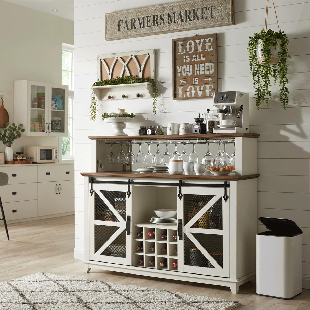 OKD Farmhouse Coffee Bar Cabinet with LED Lights, 55" Sideboard Buffet Table w/Sliding Barn Door & Wine and Glass Rack, Home Liquor Bar w/Storage Shelves for Dining Room,Antique White OKD