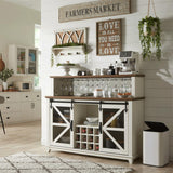 OKD Farmhouse Coffee Bar Cabinet with LED Lights, 55" Sideboard Buffet Table w/Sliding Barn Door & Wine and Glass Rack, Home Liquor Bar w/Storage Shelves for Dining Room,Antique White OKD