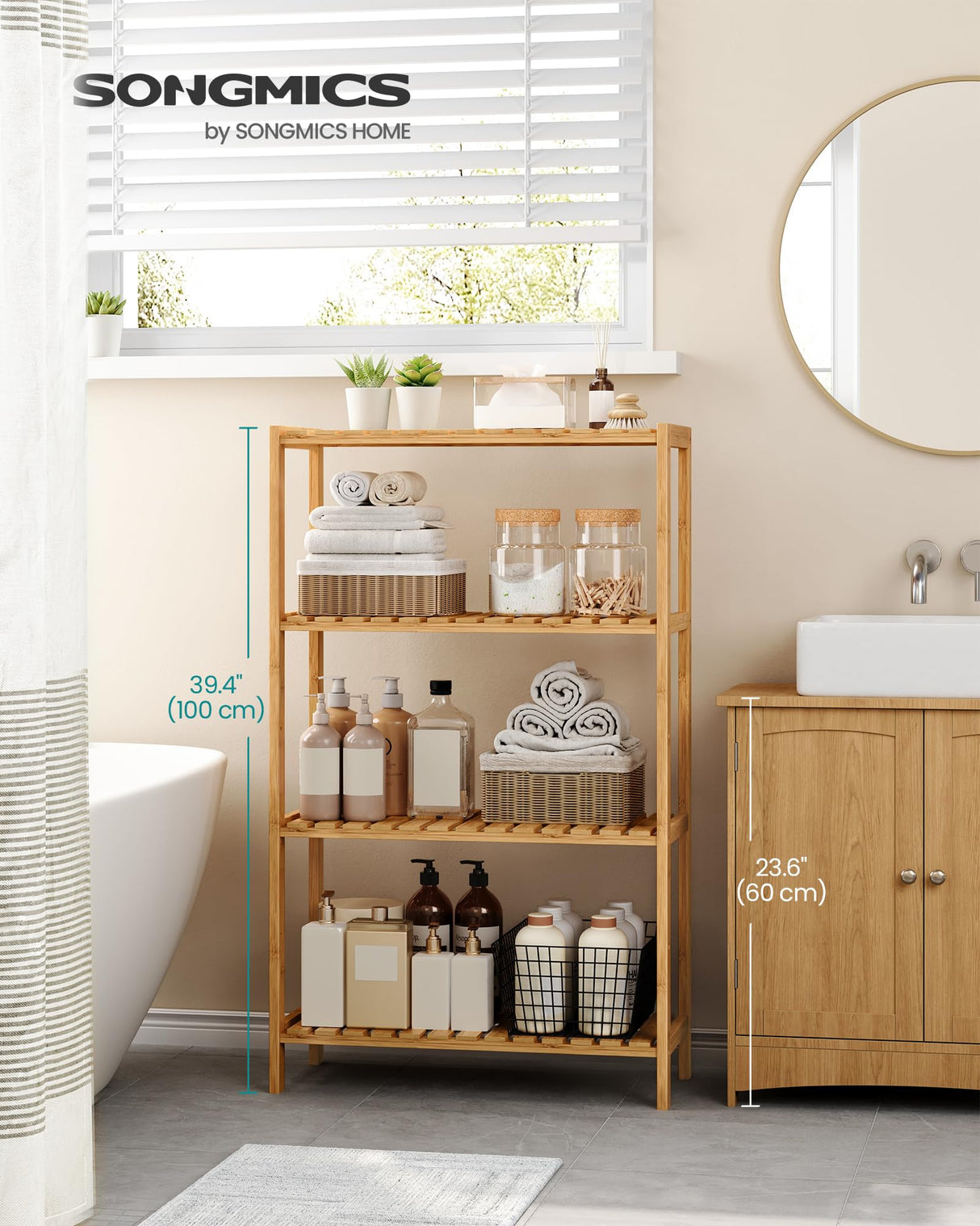 SONGMICS Bamboo Storage Shelf, 4-Tier Shelving Unit, Multifunctional, in The Entryway, Bathroom, Living Room, Balcony, Kitchen, 10.2 x 23.6 x 39.4 Inches, Natural UBCB034Y01 SONGMICS