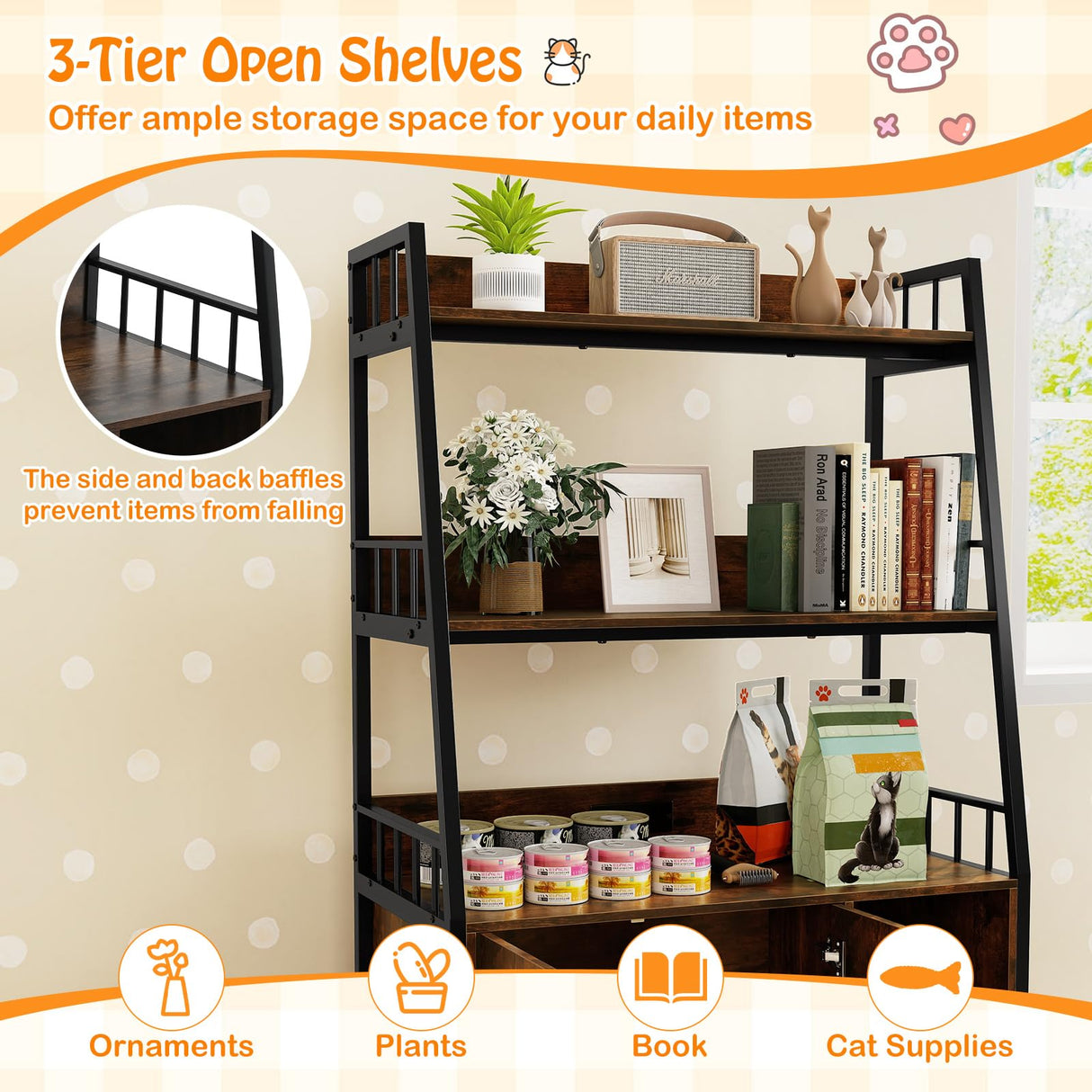 Tangkula Litter Box Enclosure with Shelves, Hidden Cat Washroom Cabinet with Charging Station, Winding Entry & Scratching Board, Versatile Litter Box Furniture (Rustic Brown) Tangkula