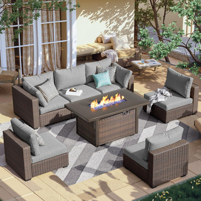 7 Piece Patio Furniture Set with Fire Pit Table, Rattan Outdoor Sectional Patio Conversation Sets with Seat Cushions for Backyard Deck Balcony Lawn and Garden, Grey