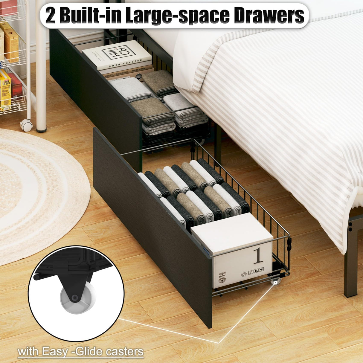 KEIKI Twin Size Corner Bed Frames with Storage Drawers, Charging Station, Led Light & Bookcase Headboard, Wooden & Metal L-Shaped Captain Daybed for Small Room, Bedroom, Guest Room, kids'Room, Black KEIKI