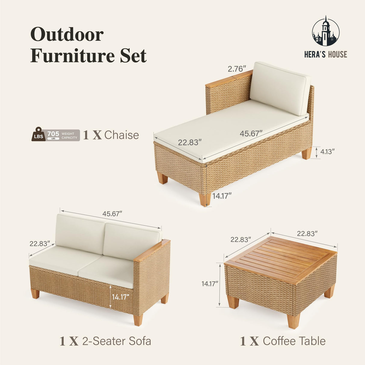 HERA'S HOUSE Small Patio Furniture Set, All Weather 3 Pieces Wicker Outdoor Sectional Set,Yellow Rattan Conversation Set with Lounge Sofa and Coffee Table for Lawn, Garden HERA'S HOUSE