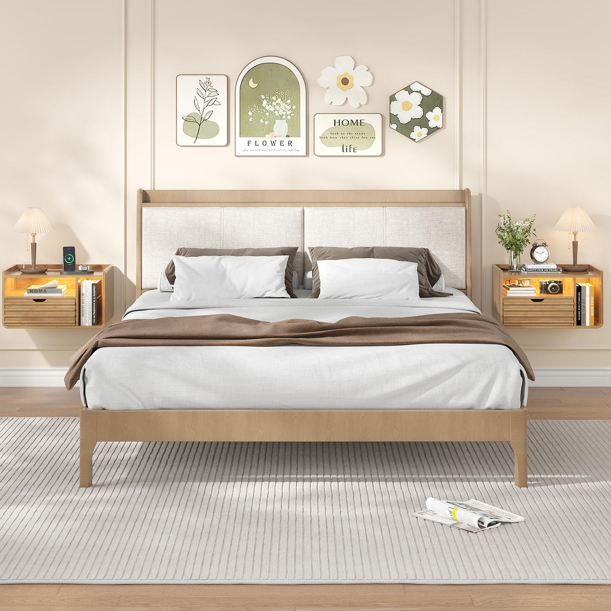 Maupvit Wood Floating Nightstand Set of 2, Wall Mounted Night Stand with Drawer and Charging Station, Bedside Table with Open Shelf, Led Nightstand for Bedroom Maupvit