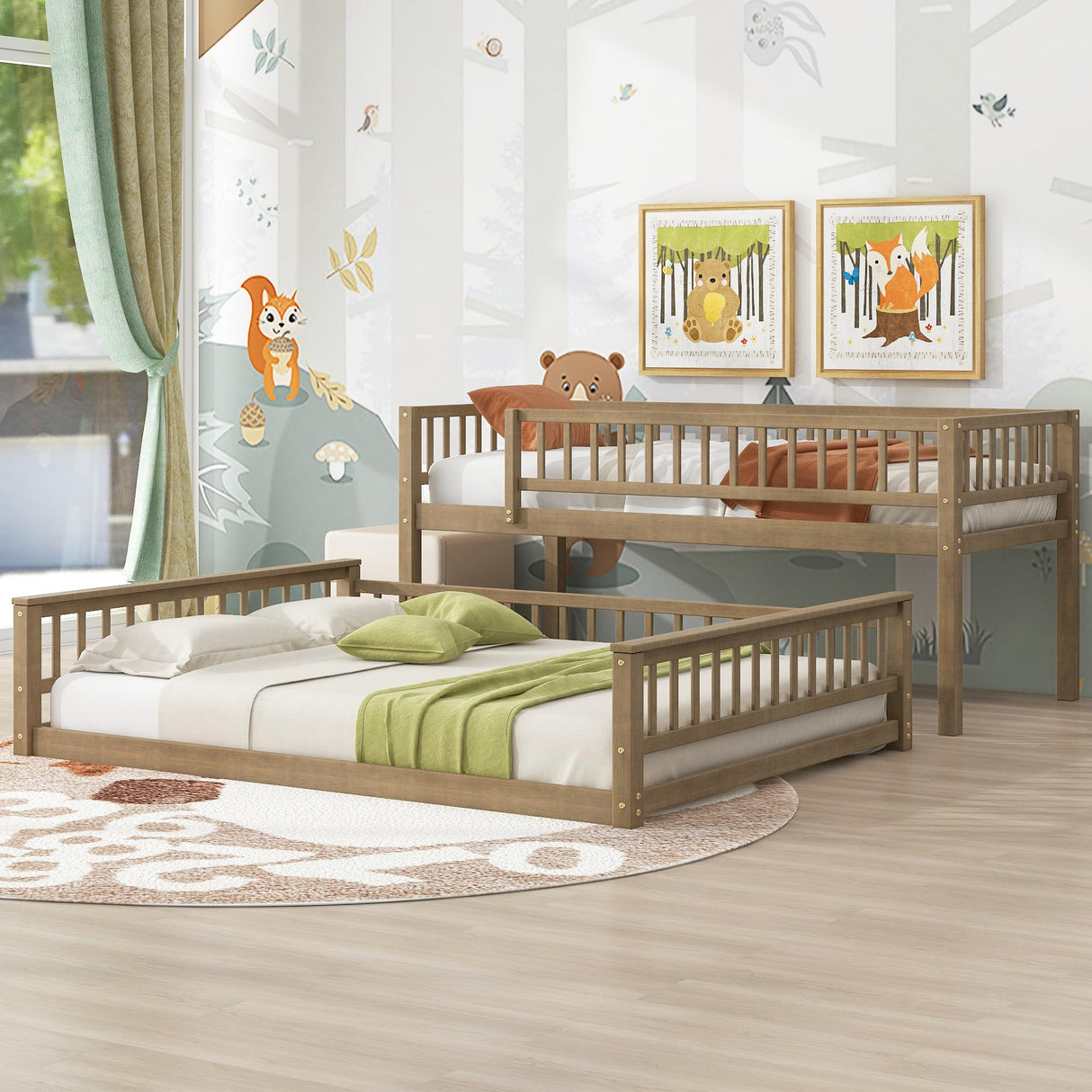 DNYN Twin XL Over Queen Bunk Bed for Kids Bedroom,Solid Wood Convertible Bedframe w/Ladder & Safety Guardrails,Can be Separated & Easy Assembly & Super Save Space & No Box Spring Needed, Natural DNYN