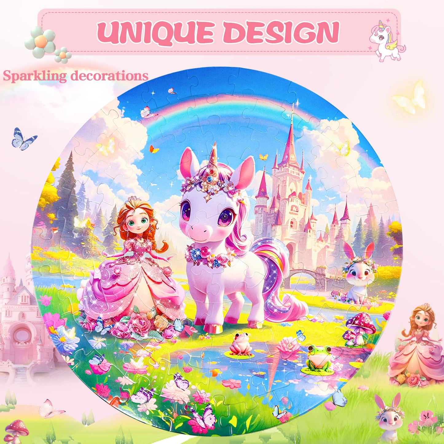 DIGOBAY Floor Puzzles for Kids Ages 4-6, 70 Pieces Large Round Unicorn Princess Floor Puzzle Unicorn Jigsaw Puzzle Toy for 3 4 5 6 Toddler Girls - Educational Christmas, Birthday Gift