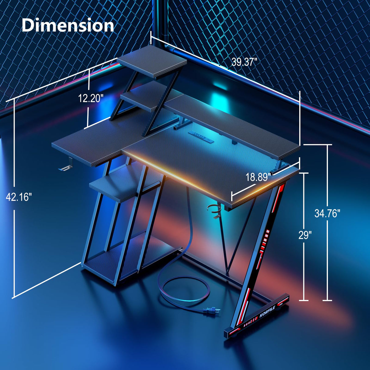 Korfile L Shaped Gaming Desk with LED Lights & Power Outlet, 39 Inch Computer Desk with Extra Storage Shelves, Reversible Gamer Workstations with Monitor Stand for Bedroom, Carbon Fiber Black Korfile