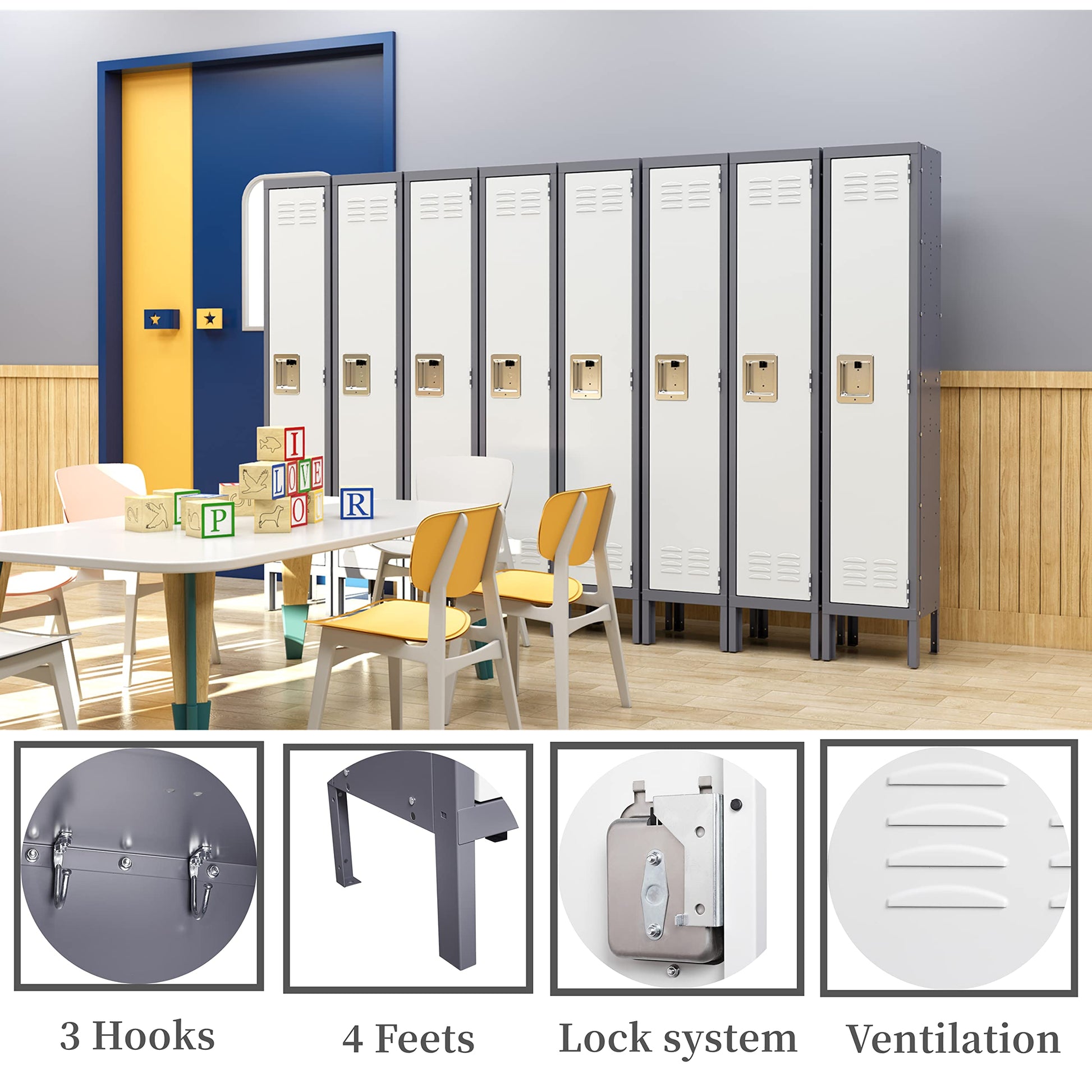 Yizosh Metal Lockers for Employees with Lock, Employees Locker Storage Cabinet with 1 Doors, Tall Steel Storage Locker for Gym, School, Office (Gray - WoodArtSupply