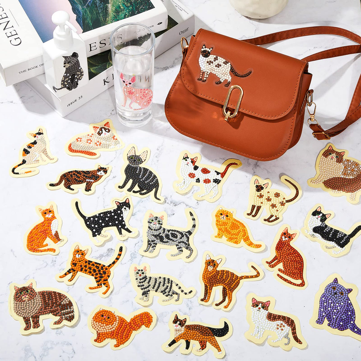 Hungdao 24 Pcs 5D DIY Diamond Sticker Painting Creative Sticker Kids Painting Kits Resin Rhinestone Gem Art Kits for Kids Adult Activity New Year Party Gifts (Cat) Hungdao