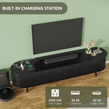 Mid Century Modern TV Stand for 75/65/55 inch TV, Farmhouse TV Stand with Charging Station, Fluted Entertainment Center with Storage and Sliding Doors, TV and Media Consol for Living Room, Black, 69" Syvella