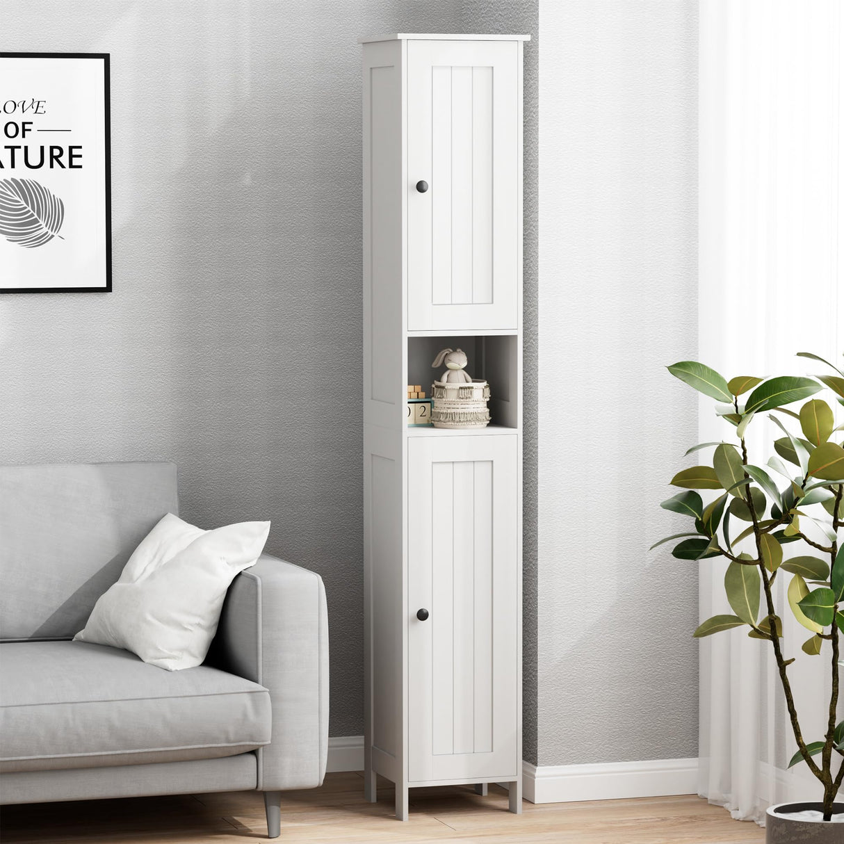 Homleke Tall Bathroom Storage Cabinet with 2 Doors, 67"H Narrow Storage Cabinet with Adjustable Shelves& Anti-Tip Design, Reversible Door Installation, Easy Assembly, 11.8 x 11.8 x 66.9 Inches, White Homleke