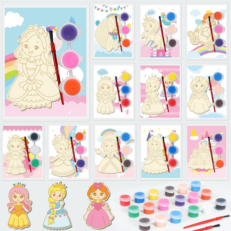 24Pcs Princess Party Favors Birthday Supplies Decorations-Cards with Art Crafts Castle Fairies DIY Wooden Painting Craft Kits Thank You for Coming Gifts Bulk Goodie Bags Stuffers Prizes for Kids Girls Yiaoyinnz