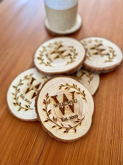 Monogrammed Name Engraved Wood Coaster Set - Set of 4 - Perfect Valentine's Day, Wedding, Engagement, Anniversary, or Christmas Present - WoodArtSupply