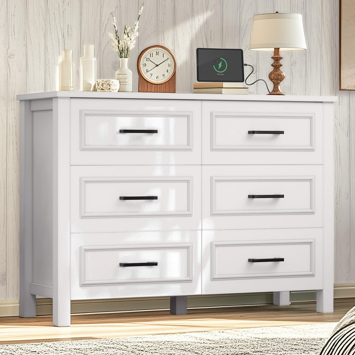 YITAHOME 6-Drawer Dresser with Built-in Power Outlet, Wood TV Stand with 6 Large Drawers and Bar Handles, White Dresser Chest of Drawers for Living Room, Hallway, Entryway YITAHOME