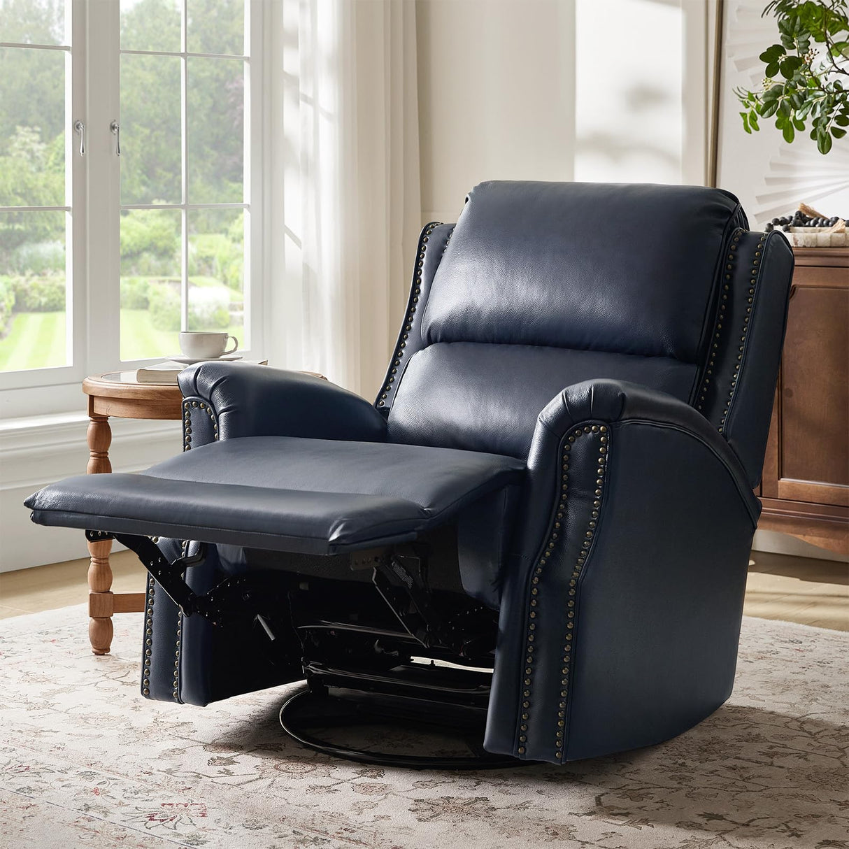 HULALA HOME Genuine Leather Recliner Chair, 360 Swivel Rocker Chair with Thick Seat, Classic Push Back Armchair with Backrest, Nailhead Trim, Navy HULALA HOME
