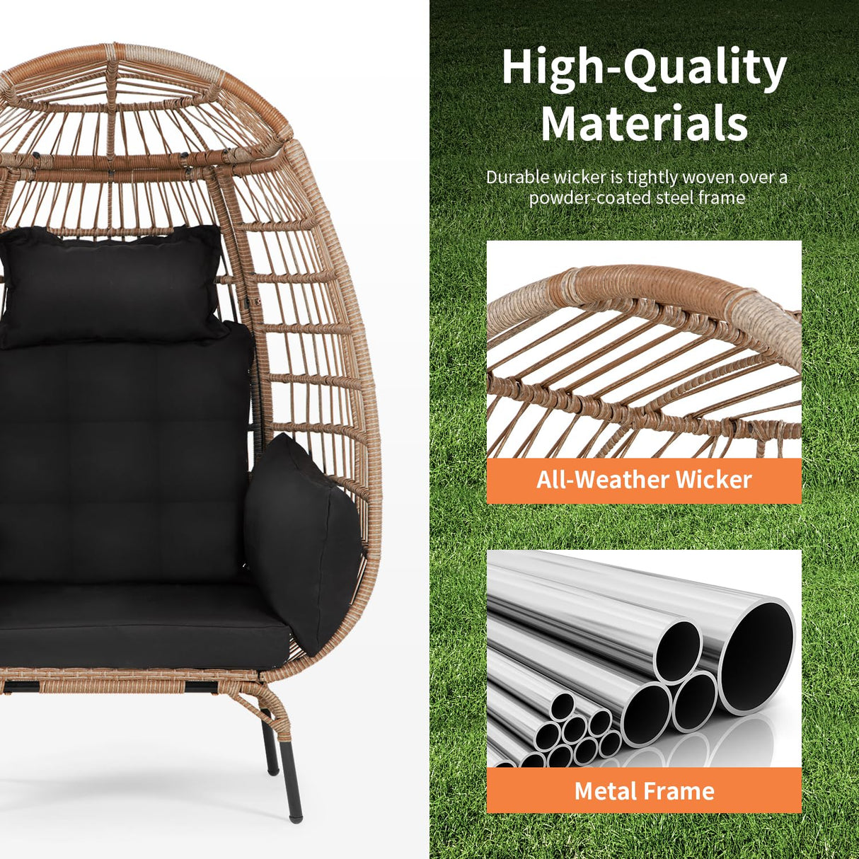 PayLessHere Egg Chair Egg Basket Rattan Chair Steel Frame Oversized Indoor Outdoor Lounger Simple Installation with 4 Comfort Cushion and Stand,352lb Capacity for Patio Garden Living Room，Black PayLessHere