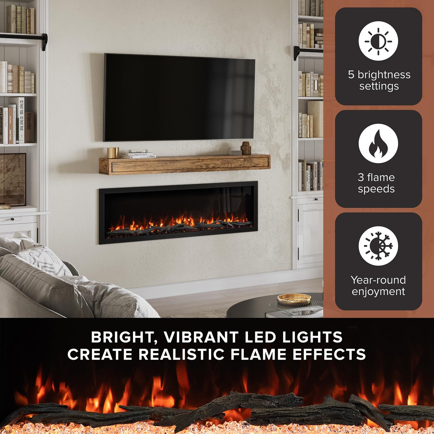 Modern Ember Highmark 72 Inch Smart Linear Electric Fireplace - Premium Flame with 10 Colors, Sleek Hidden Vent Design, Install Recessed in-Wall or Wall-Mount, WiFi and Voice-Enabled