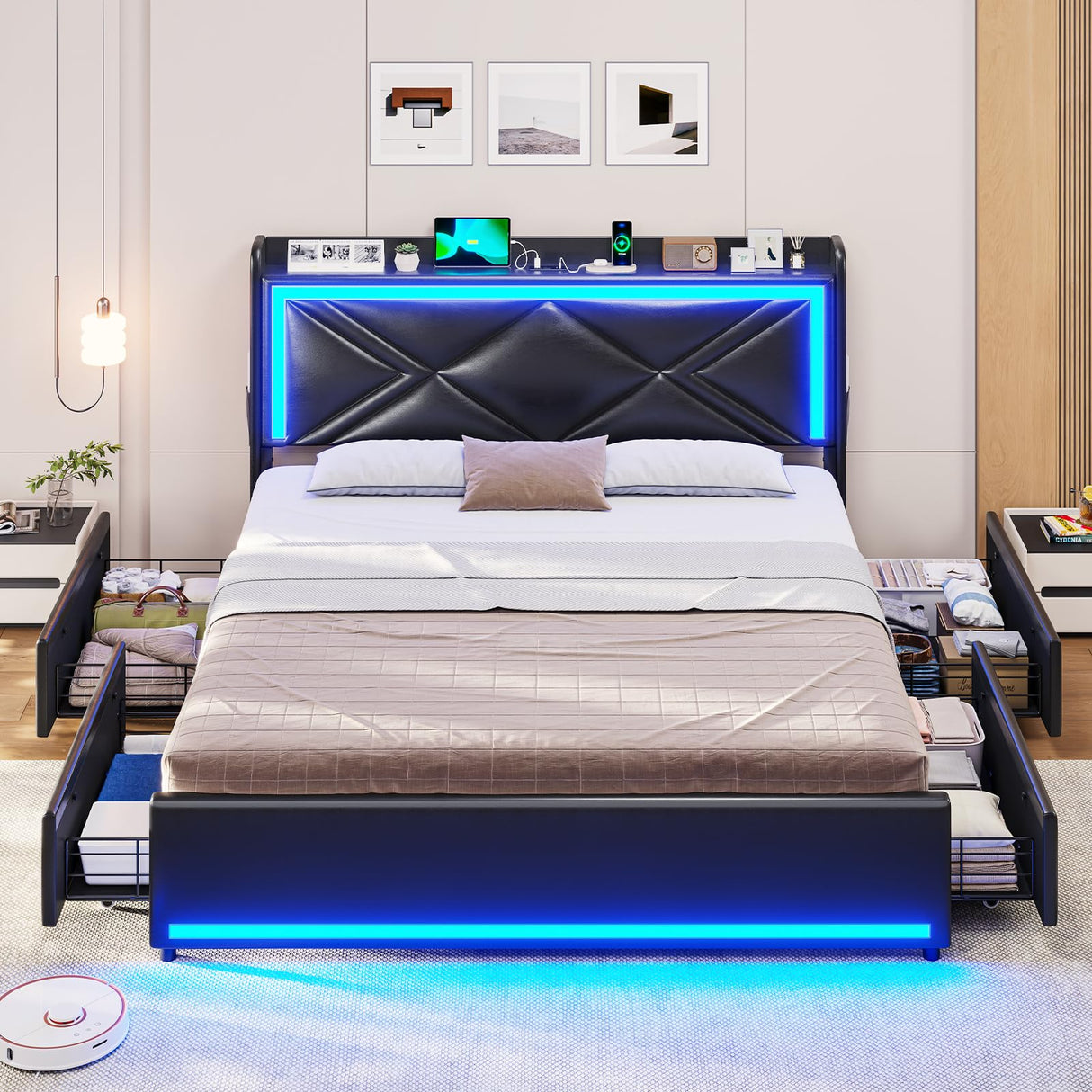 HAUOMS Queen Size Upholstered LED Bed Frame with Storage Headboard and 4 Drawers in PU Black HAUOMS