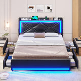 HAUOMS Queen Size Upholstered LED Bed Frame with Storage Headboard and 4 Drawers in PU Black HAUOMS