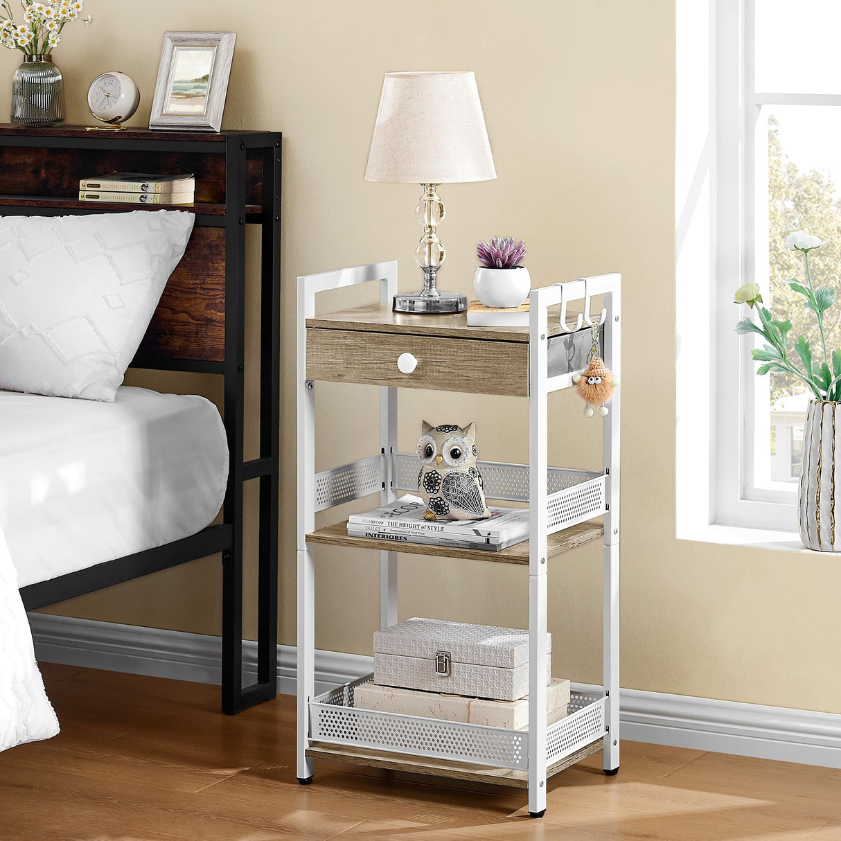 FAVOOSTY 3-Tier Bathroom Ladder Shelf Floor Storage Shelf with Drawer Freestanding Shelving Unit Bookcase End Table for Bathroom Living Room,Balcony-White FAVOOSTY