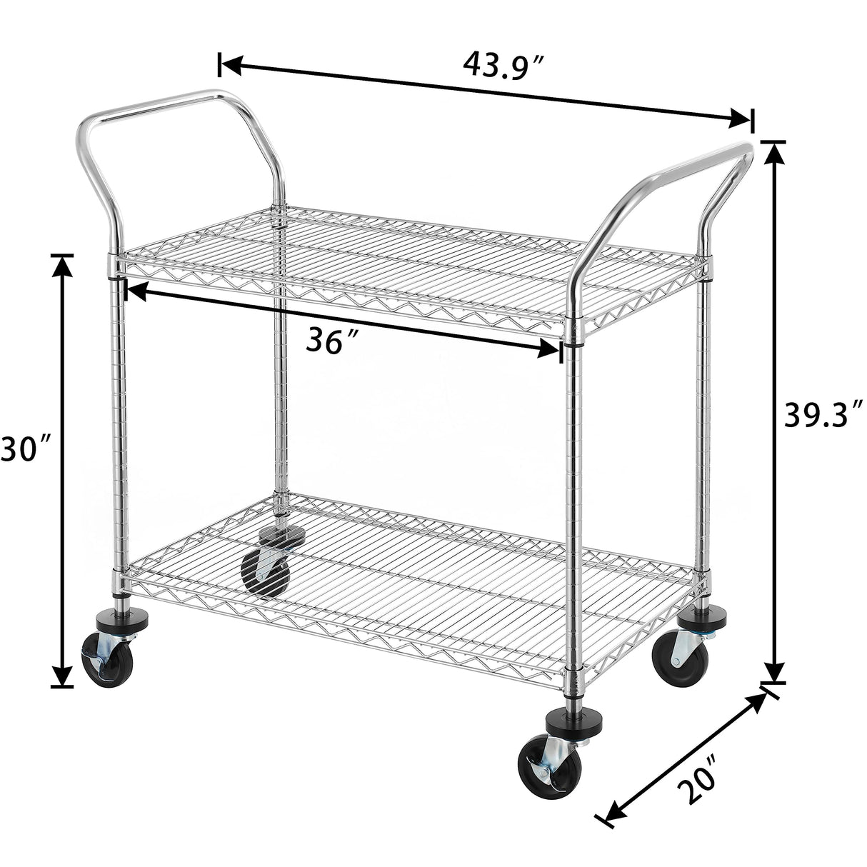 Finnhomy 2-Tier Commercial Grade Rolling Cart, Heavy Duty Utility Cart, Carts with Wheels and Handles, Kitchen Cart on Wheels, Metal Serving Cart with 500 lbs Capacity, Shelf Size 20" D x 36" W, NSF Finnhomy